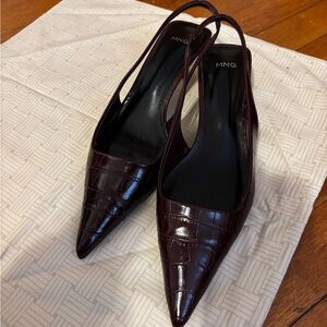 Mango Pointed Slingback Mules in Burgundy Croc-Embossed Leather